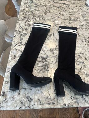 Chinese Laundry Black Knit Sock Heeled Boots with White Striped Cuff